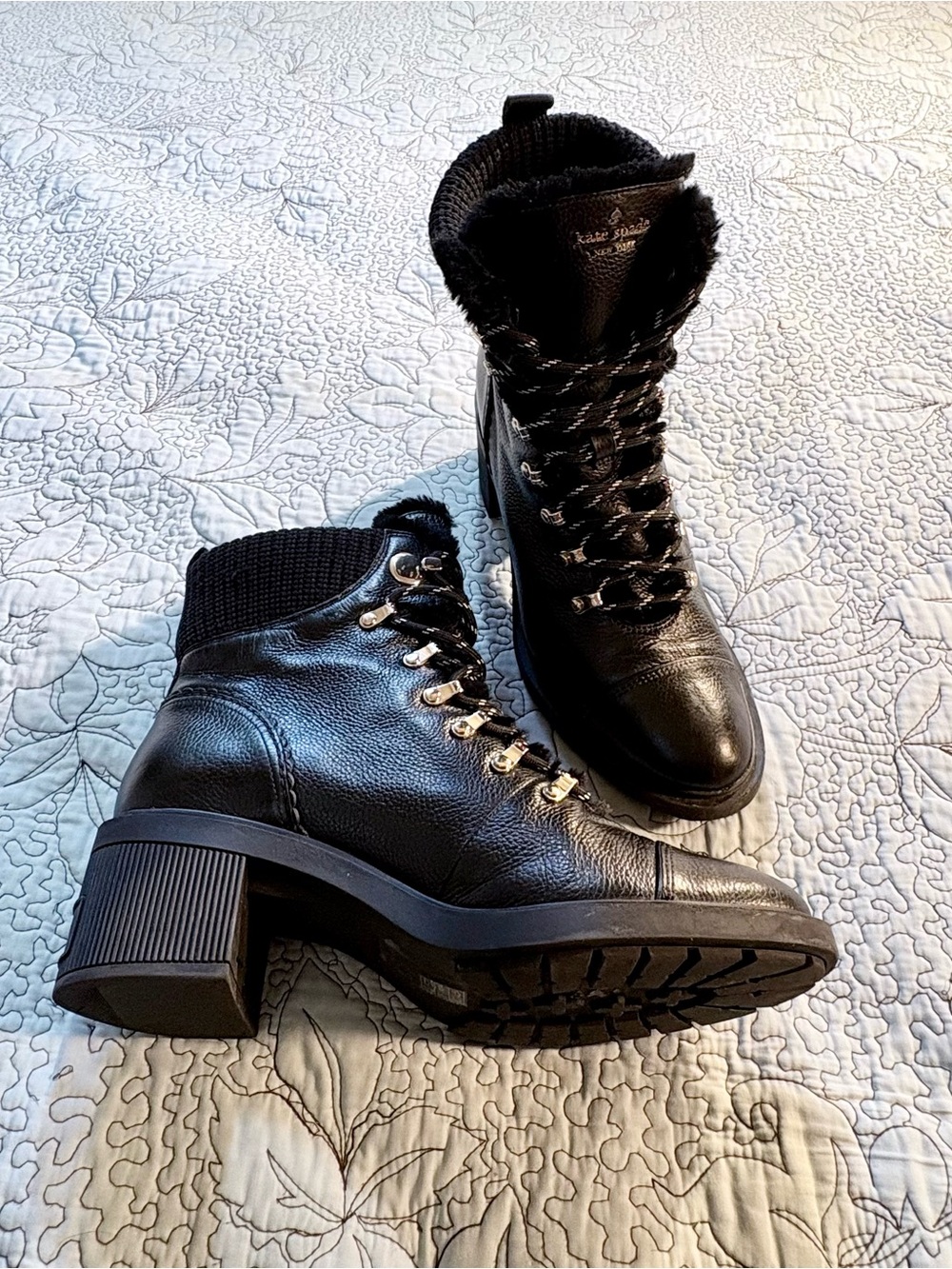💥Kate Spade Walker Black Leather Faux Fur Knit Collar Heeled Booties Sz 10B🧡